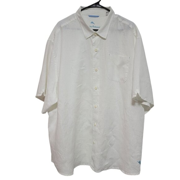 Tommy Bahama 100% Linen Hawaiian Shirt Beach Resortwear White Sz 2XLB Logo EUC - Picture 1 of 9